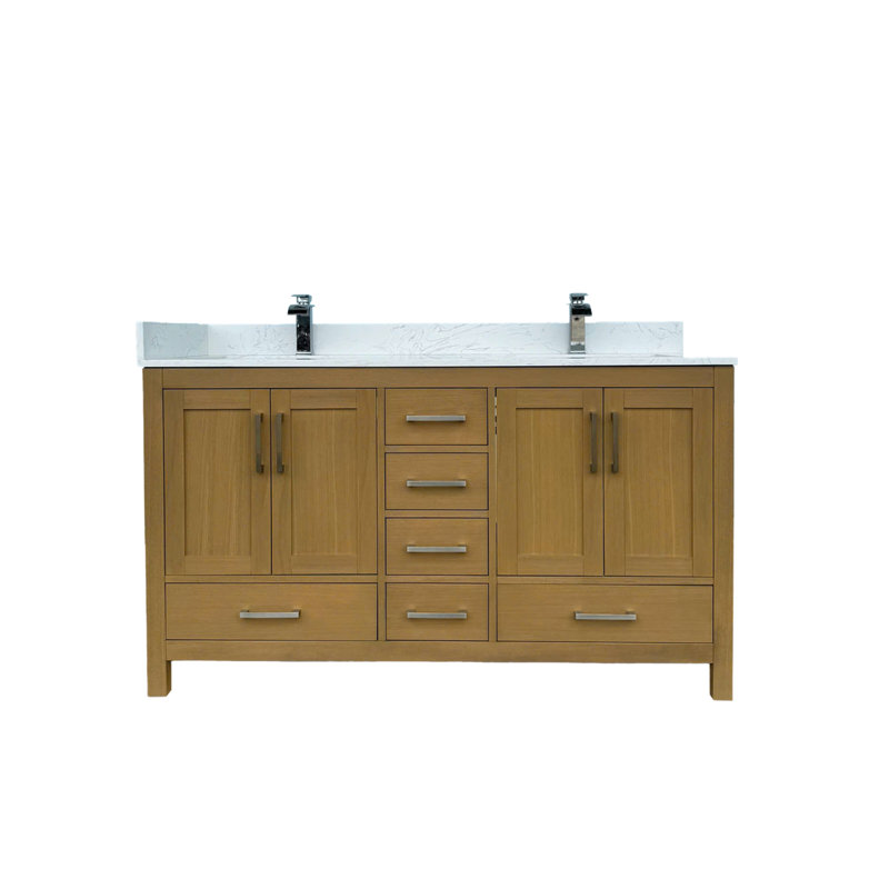Meuble-lavabo 60 po avec lavabo double et trou pour robinet, meuble-lavabo avec 4 portes et 6 tiroirs en chêne désert