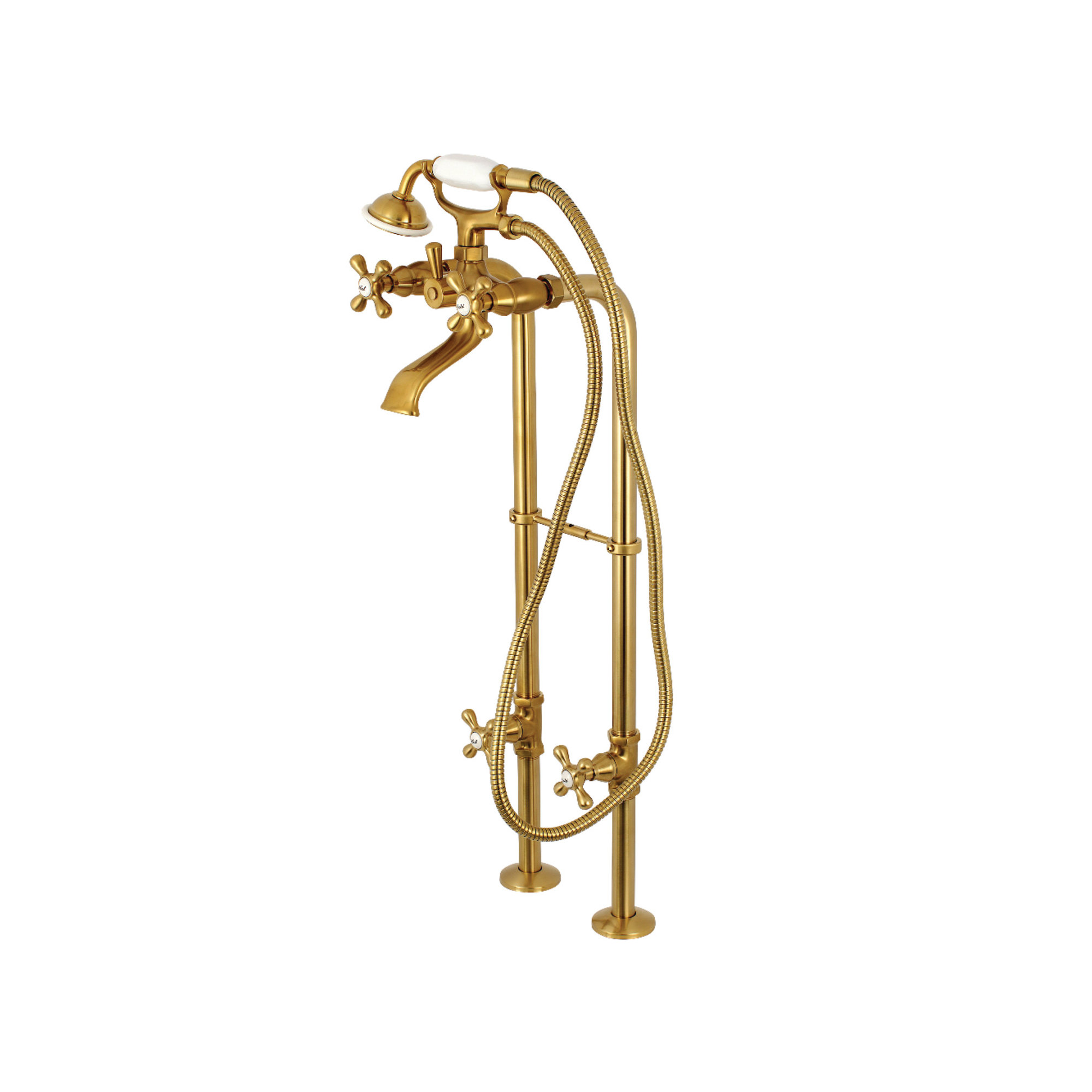 Kingston Brass Kingston Three-Handle 2-Hole Freestanding Tub Faucet with Supply Line and Stop Valve, Satin Brass