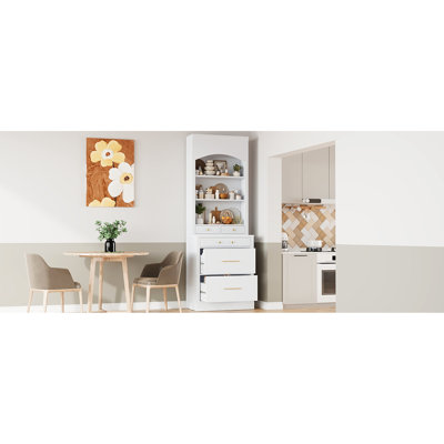 Grande armoire de cuisine autoportante d'une hauteur de 83,7 pouces avec plateau en faux marbre et tablettes avec comptoir blanc pour le coin repas