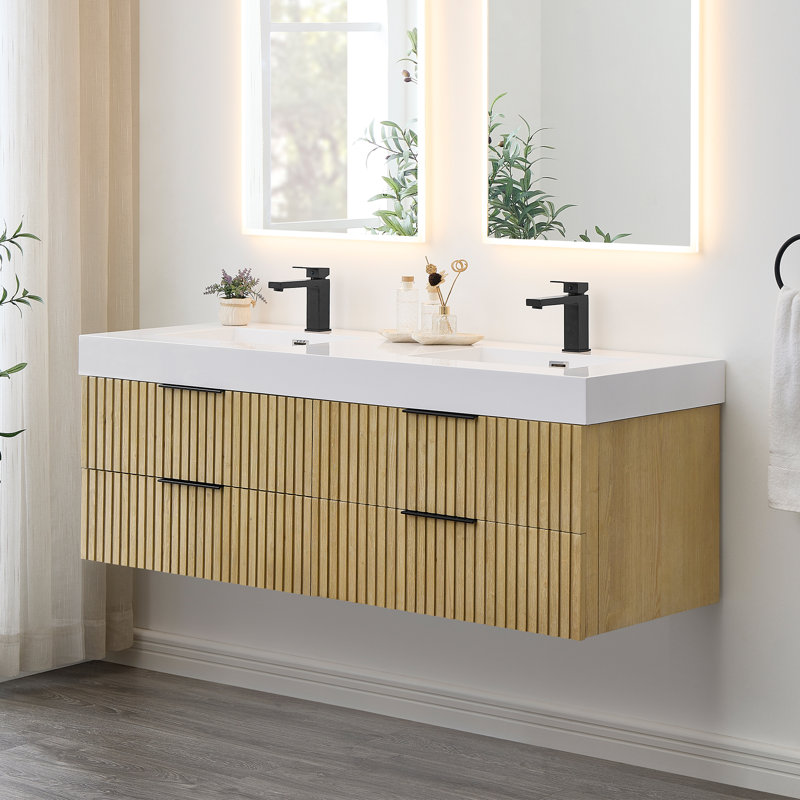 Livia 60" Wall-mounted Double Bathroom Vanity with White Artificial Drop-in Sink without Mirror