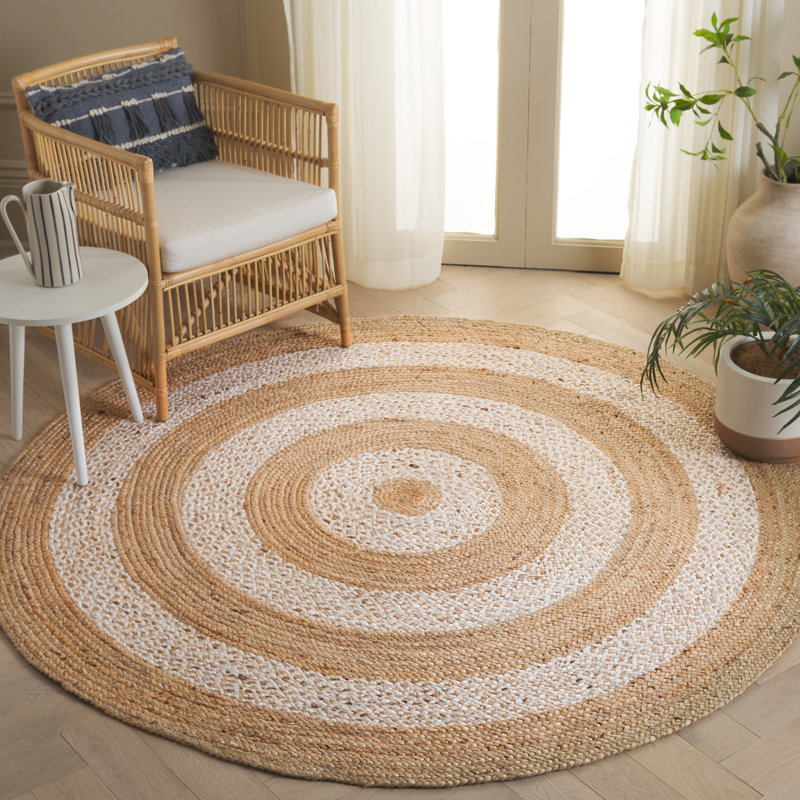 Natural Fiber Handloom Jute Geometric Rug, Round 6'