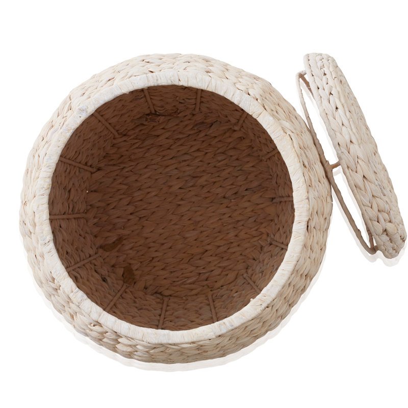 Round Water Hyacinth Storage Basket/Hamper with Lid, Ivory