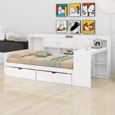 Lit de jour avec rangement 3 armoires et 2 tiroirs, structure en L en bois avec bureau d'étude et bibliothèque intégrée