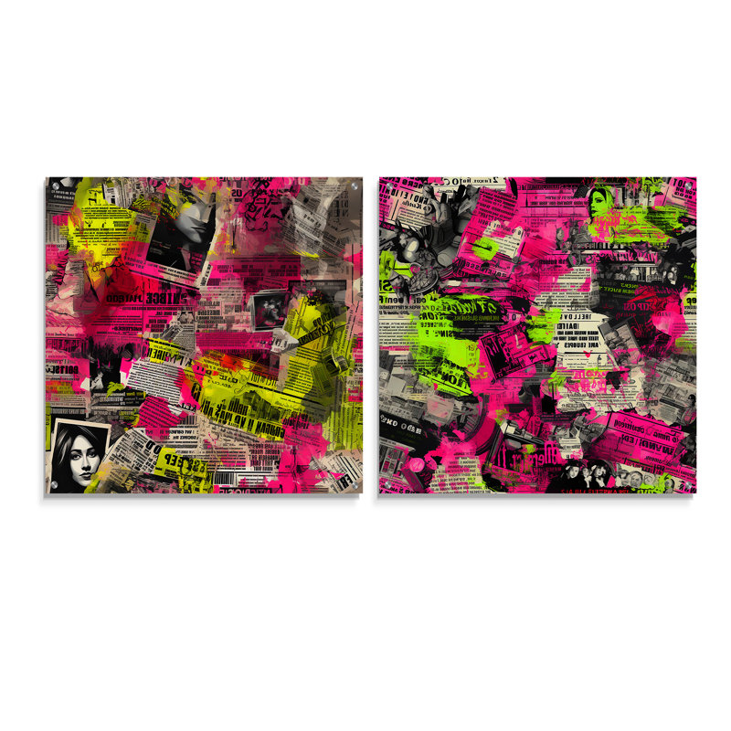 Popart néon rose journal collage - ensemble abstrait d'art mural en verre acrylique de 2, H 16 po x l 33 po