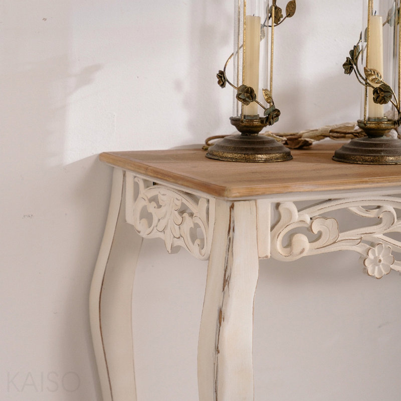 Console 43,31 po, style champêtre, bois sculpté blanc antique