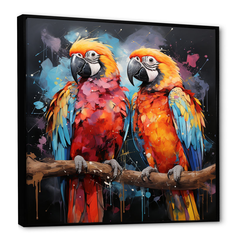 «Vibrant Duets S - Parrot S», art mural, salon, Cadre flottant noir, H 16 po x l 16 po