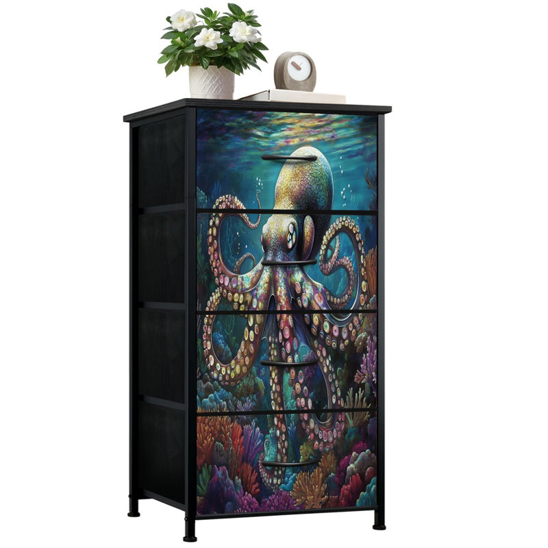 Commode pour chambre à coucher avec 4 tiroirs de rangement Vitrail Octopus Rainbow Reef Scène Commodes Commode en tissu avec cadre en acier pour hall d'entrée