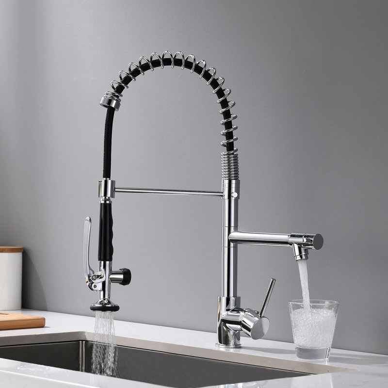 Robinet de cuisine chromé avec pulvérisateur, robinet d'évier de cuisine rétractable à poignée simple commerciale