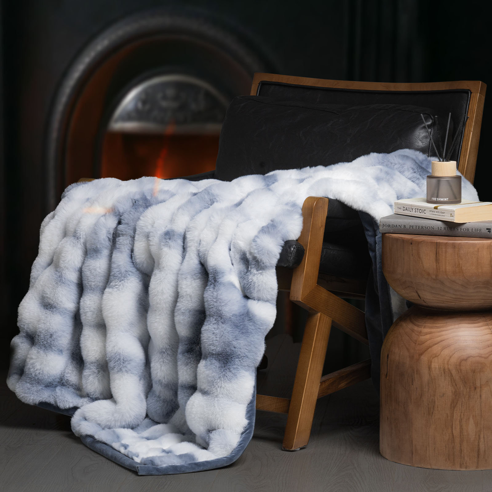 Ridgeline Faux Fur Throw Blanket, Cloud Blue Ombre, 60" L x 50" W