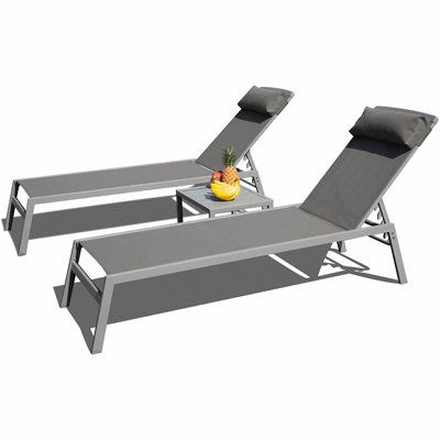 Patio Chaise Lounge Set, 3 Pieces Adjustable Aluminum Backrest Pool Lounge Chairs Textilene Sunbathing Recliner With Headrest (2 Lounge Chairs+1 Table)