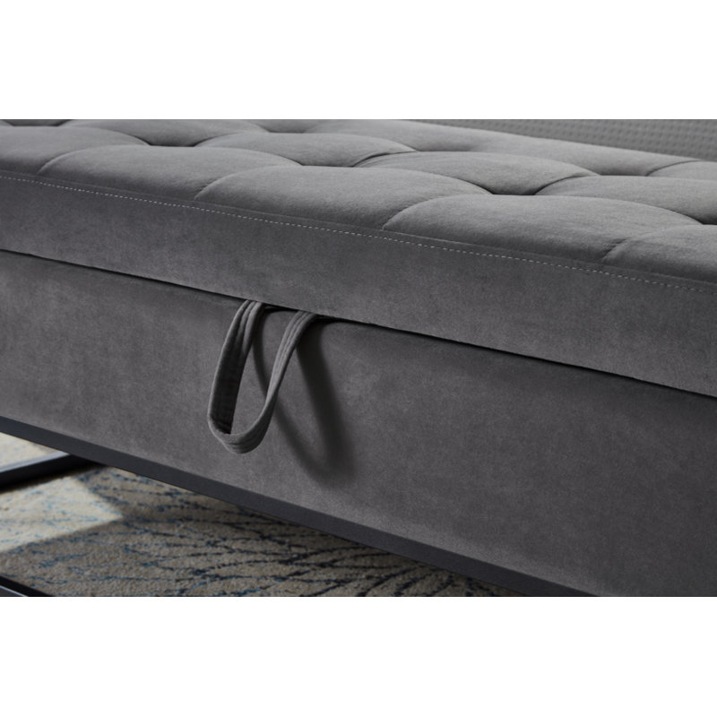 Banc de lit avec base en métal et velours de rangement, Gris