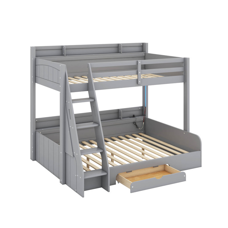 Twin Over Full Bunk Bed With Charging Station And Drawer, Gray