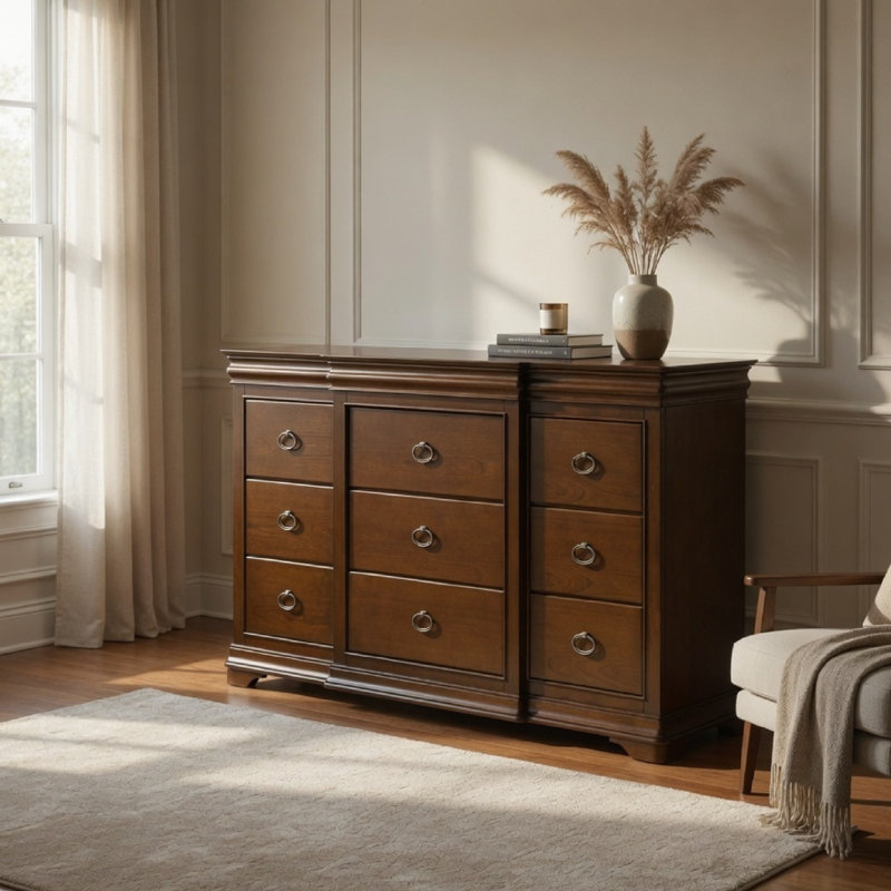 Grande commode Gravis, 9 tiroirs et 2 tiroirs cachés, brun cerise