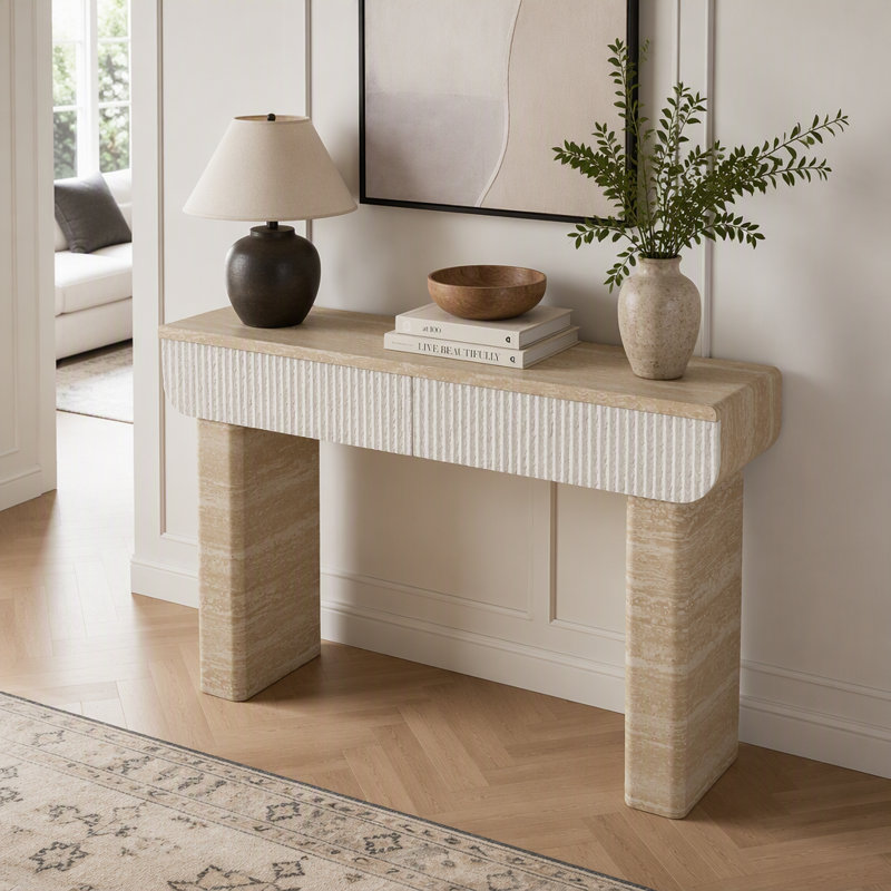 Table d'entrée, console avec deux tiroirs à poignées dissimulées, Beige / jaune, Beige / jaune, Beige / jaune