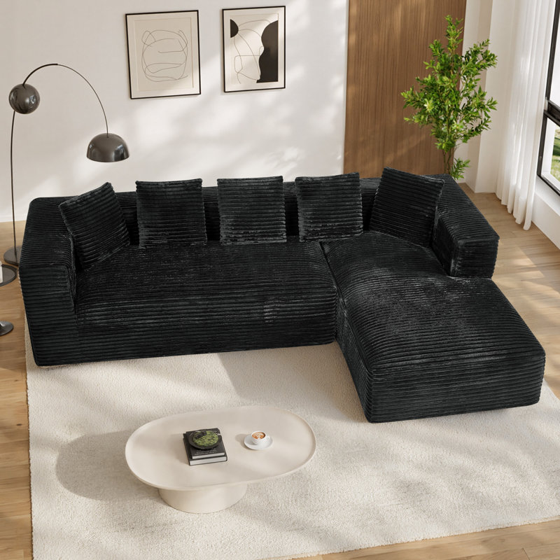 Canapé d'angle surdimensionné sans ossature et à compression de 104 pouces avec coussins, Velours côtelé noir, Forme en L