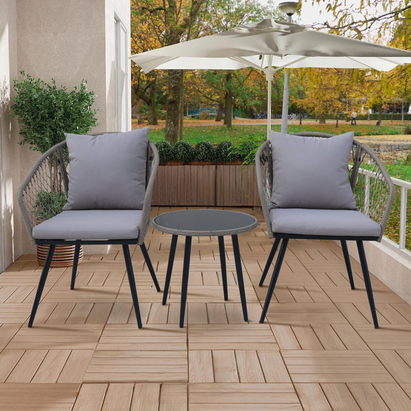 3-Piece Outdoor Patio Bistro Set – Modern Wicker Conversation Chairs with Glass Table & Cushions, Gray, Gray