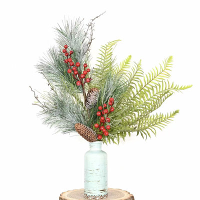 Arrangement floral 26 po avec branches longues, pommes de pin givrées et baies rouges avec tige longue pour décoration de bureau