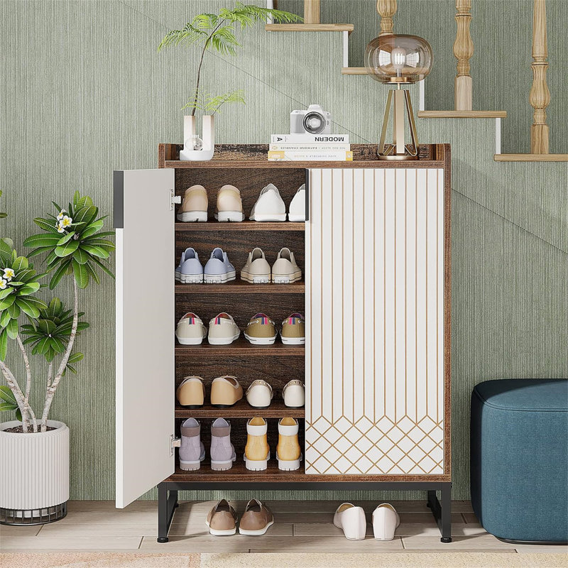 29.52” Brown & White Shoe Cabinet With Doors, White/Brown