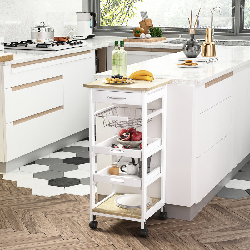 Chariot de rangement blanc avec cadre en bois massif pour épices et ustensiles