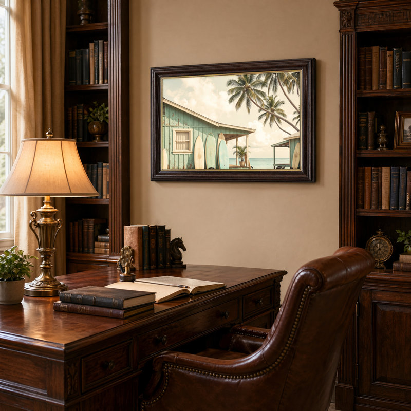 Art mural antique sur toile encadré doré pour le salon, la chambre à coucher, le bureau ou le vestibule - Décoration murale décorative avec cabane de plage