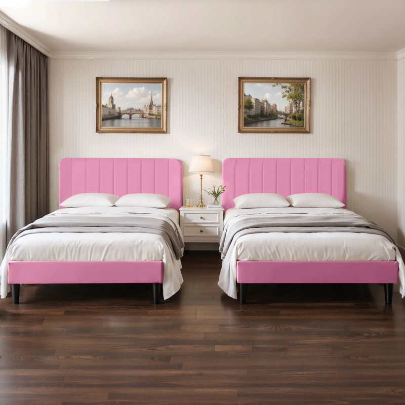 Queen Bed Frame Set Of 2, 2 Pack Upholstered Platform Bed Frame With Adjustable Headboard, Modern Bedroom Bed Set For Apartment, Airbnb, Rental, Guest Room, Home Staging