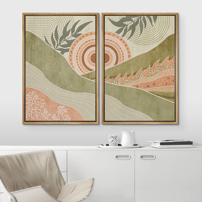«Mid Century Modern Boho Pastel Green Abstract Landscape Valley», reproduction d'art sur toile encadrée 2 pièces, Brun