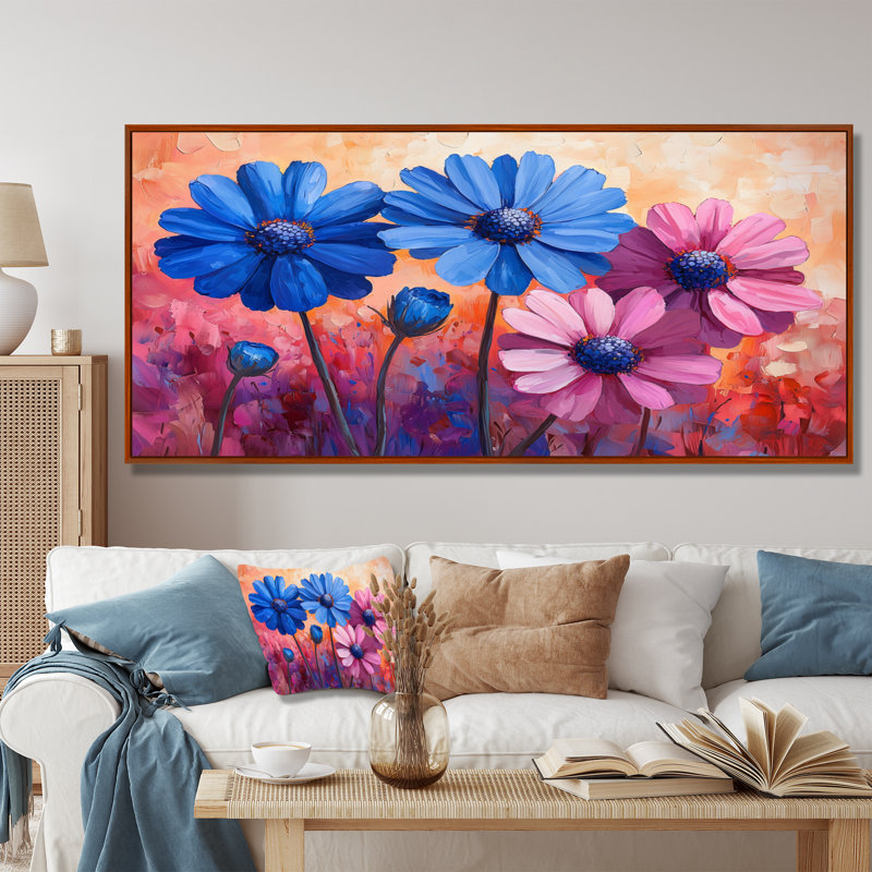 Pop Cornflower In Neon Contrasts Pop Art III - Cornflowers Wall Art for Living Room, Brown, 28" H x 60" W, Floater Framed