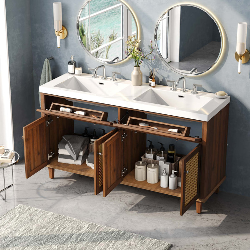 Meuble-lavabo moderne à double vasque avec rangement à fermeture en douceur et support pour pieds en pin