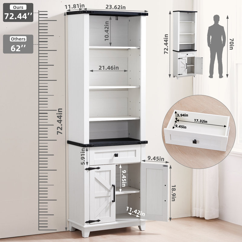 72In Tall Bookshelf 7 Tier Bookcase With Drawer And Barn Doors And Adjustable Shelves, White Farmhouse Book Shelf With Storage Cabinet, Wood Freestanding Display Bookshelves For Living Room