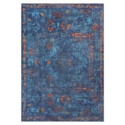 GLN Rugs Contemporary Collection - Machine Washable Modern Area Rug, Contemporary Washable Rug, Non Slip Area Rug, Abstract Living Room Rug, Bedroom Rug, Bathroom Rug (Dark Blue Rug)