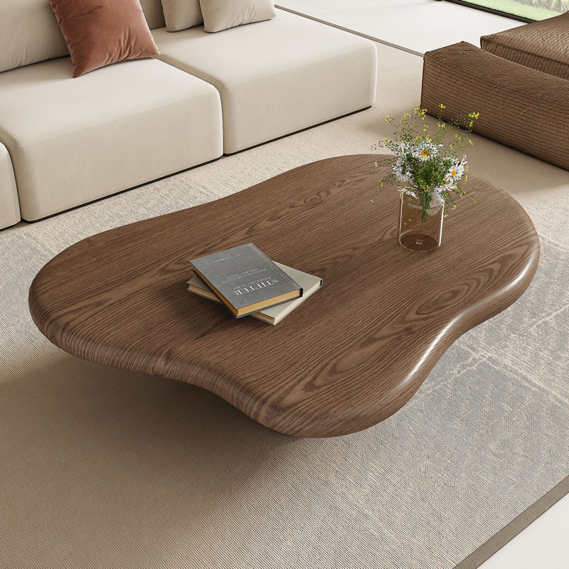 48.5" Rustic Wood Coffee Table, Round Coffee Table with Cloud Shaped Design Cloud Coffee Table Made of Solid Wood & Manufactured Wood and Vintage Walnut Veneer Finish for Living Room