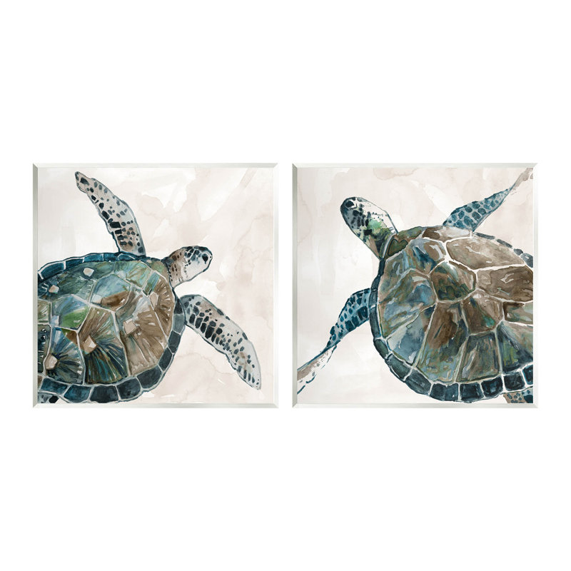 Aquatic Sea Turtles Swimming Blue and Brown Wood Wall Art Set