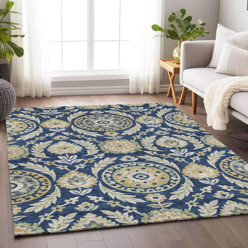 Premium Machine Washable Prisco Navy Rug, Rectangle 2'6" x 3'10"