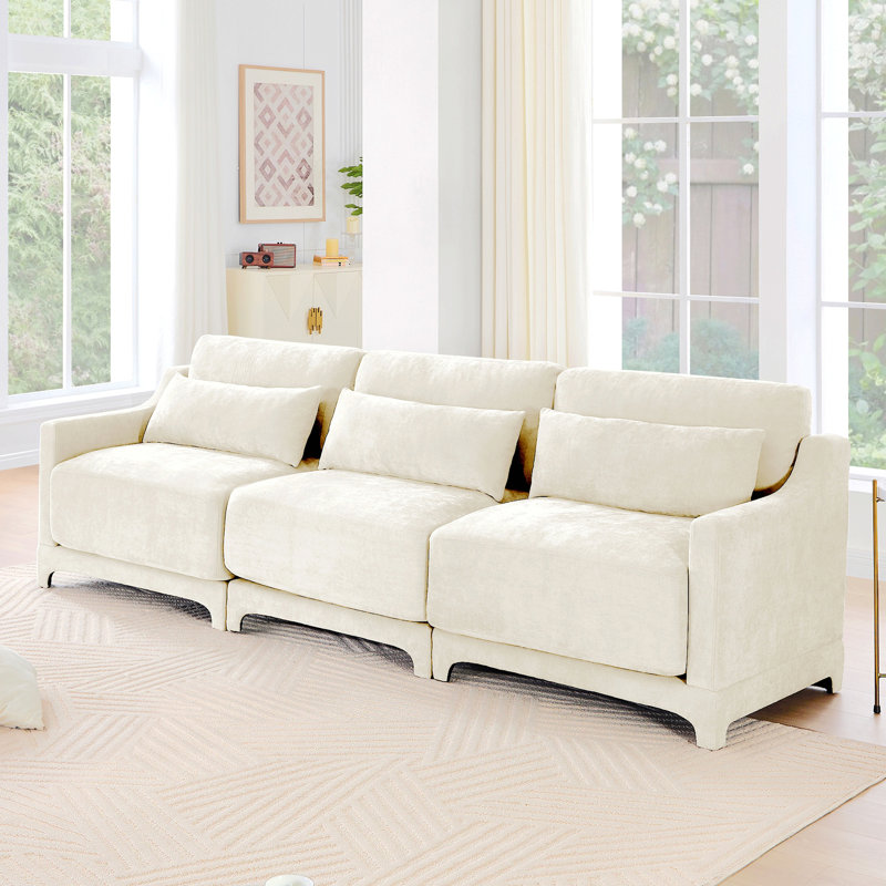 Canapé à trois places avec coussin lombaire, chenille, ergonomique, base en bois, éponge à haute résilience, accoudoirs élégants, installation facile, convient aux chambres à coucher, bureaux, hôtels, appartements