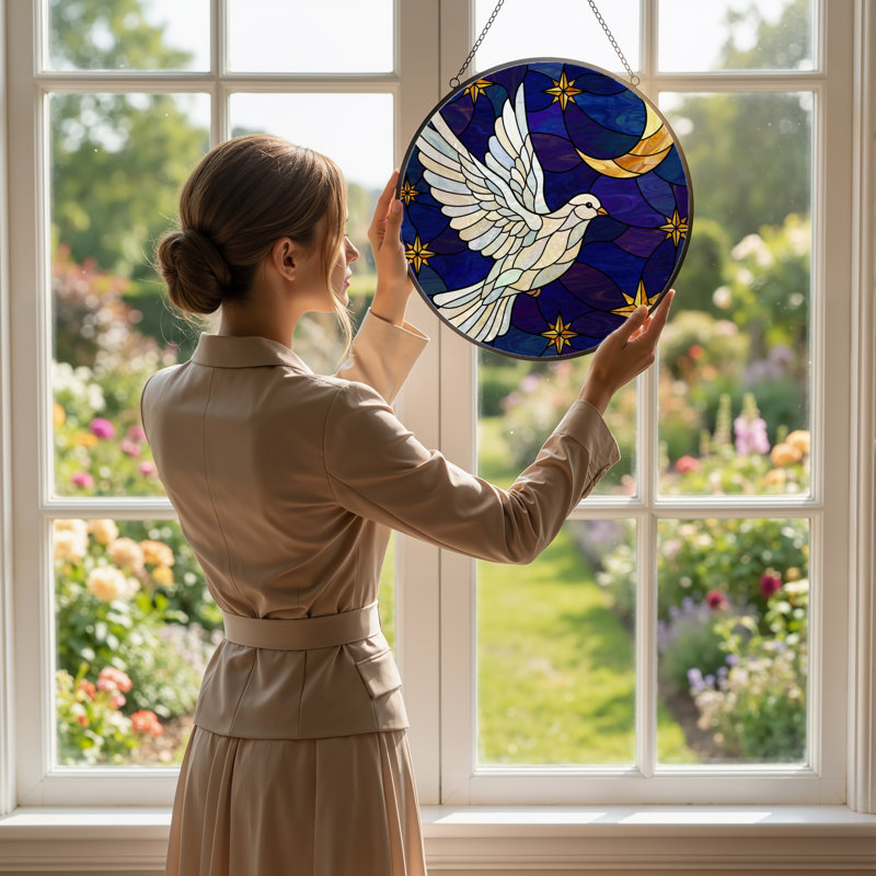 7.8"H Dove Night Stained Glass Window Panel, 7.8" H x 7.8" W