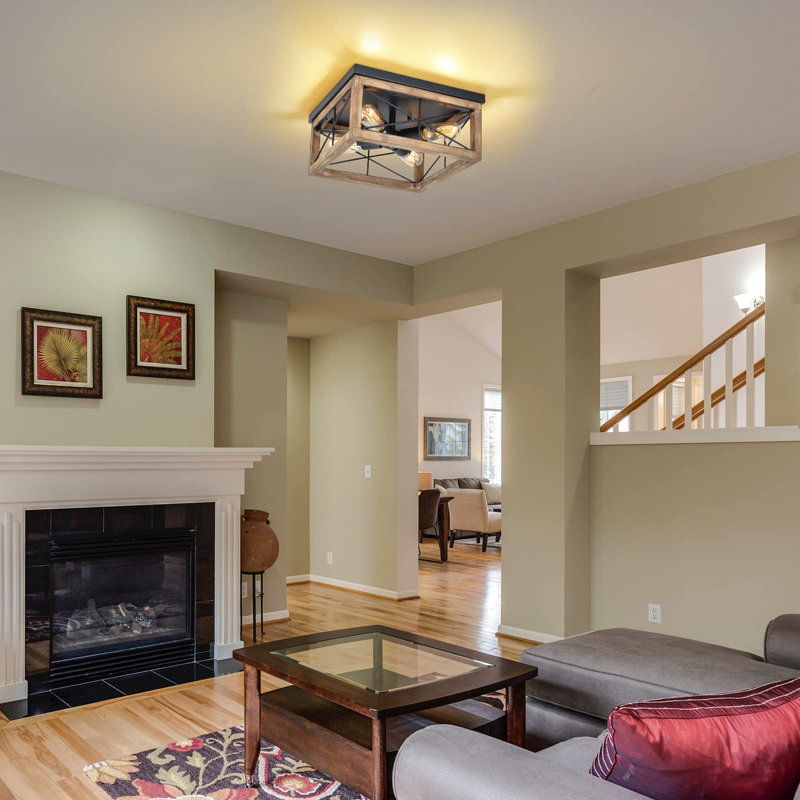 Wooden Flush Mount Ceiling Lights, 4-Light Farmhouse Close To Ceiling Lighting Fixtures Black Ceiling Lamp