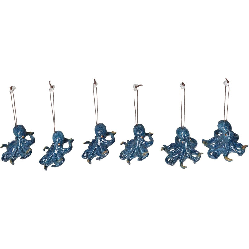 Ensemble de 6 ornements décoratifs suspendus en forme de pieuvre marine antique, Bleu, H 1,75 po x l 3,25 po x P 3,25 po
