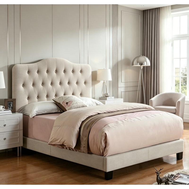Tête de lit tapissier à hauteur ajustable de 34 à 43 po, structure en bois massif avec tissu en lin - conception moderne à boutons pour la chambre à coucher