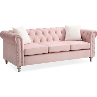 G864a-s en rose - Revêtement en velours de faux suède, têtes de clou appliquées à la main, stabilité des pieds en bois peint, coussins à ressorts ensachés, coussins contrastants, 3 velours de salon, attrait,