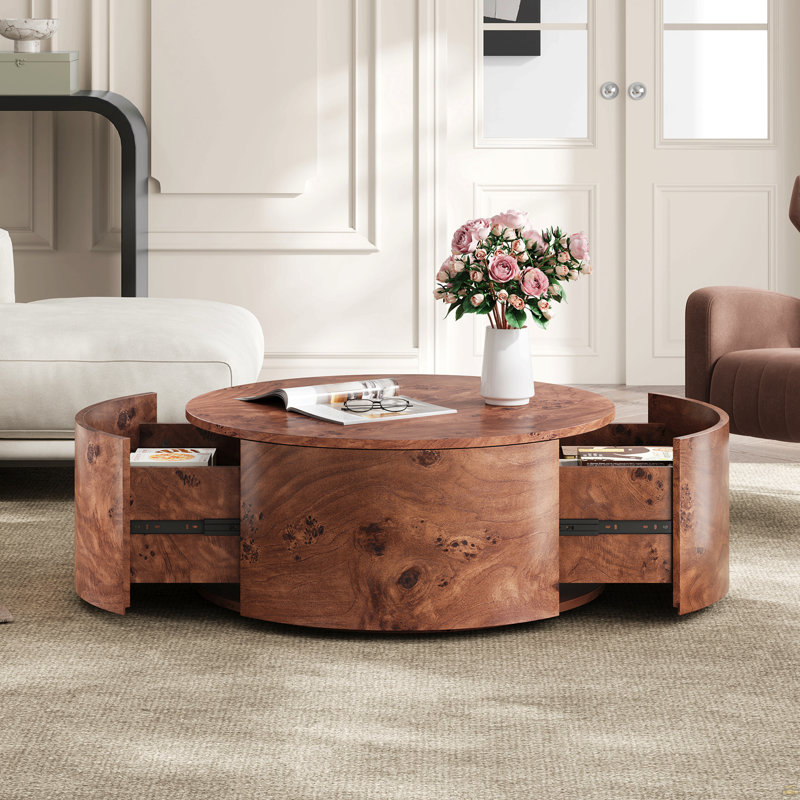 Table basse rotative en bois Burl avec 2 tiroirs, plateau tournant à 360 °, noyer, 28,4 po
