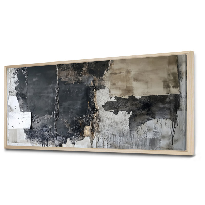 Gris, art mural abstrait noir, toile de collage de dalle, Jeff, H 28 po x l 60 po, Cadre naturel flottant