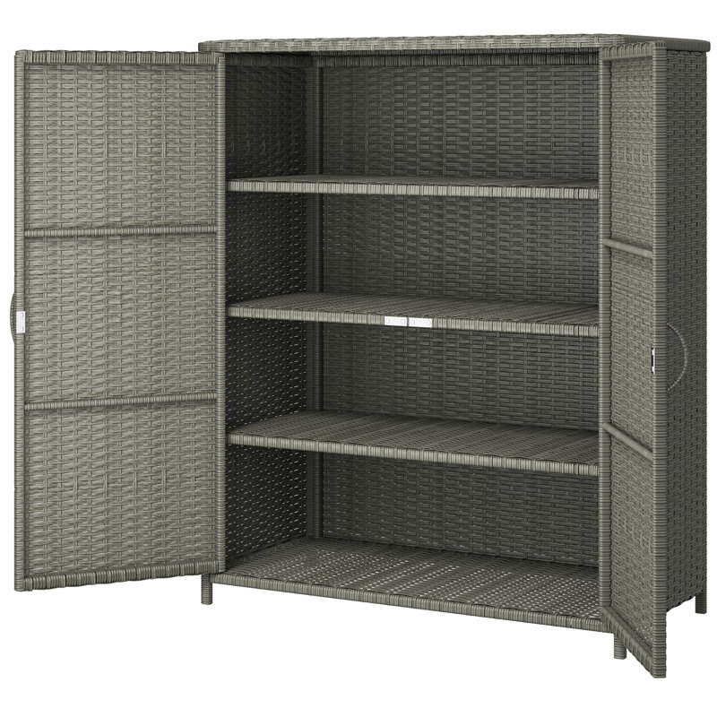 Rattan Wicker Outdoor Storage Cabinet With 4 Shelves And 2 Doors For Garden Pool Towel Storage, Dark Gray, Dark Gray