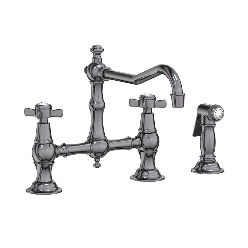 Chesterfield Kitchen Bridge Faucet with Side Spray, Midnight Chrome, Cross