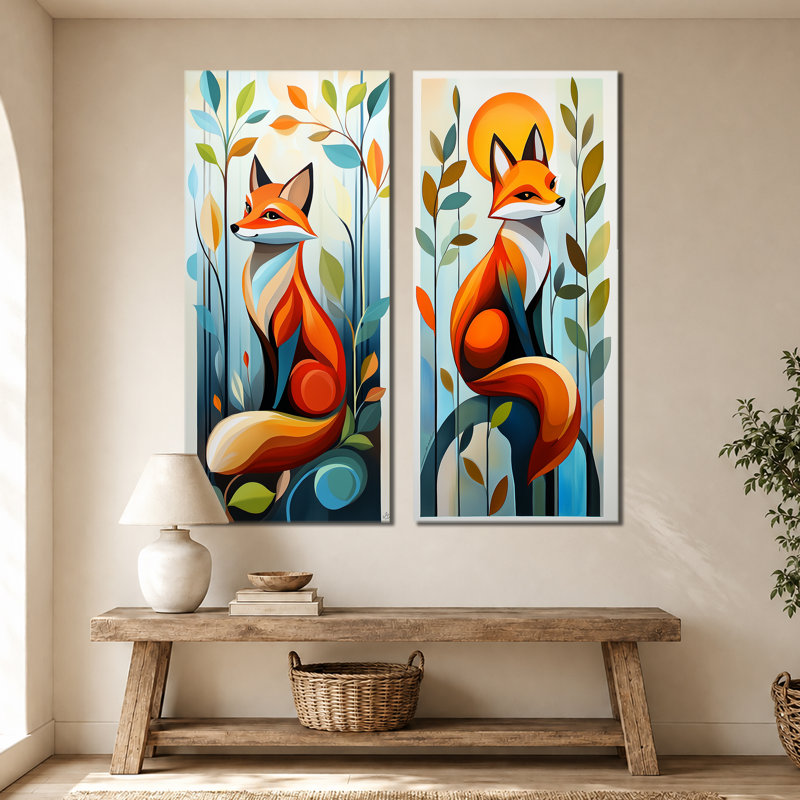 Renard élégant avec feuillage - Grand tableau mural en 2 parties représentant un renard, 60" H x 56" W, Wrapped Canvas