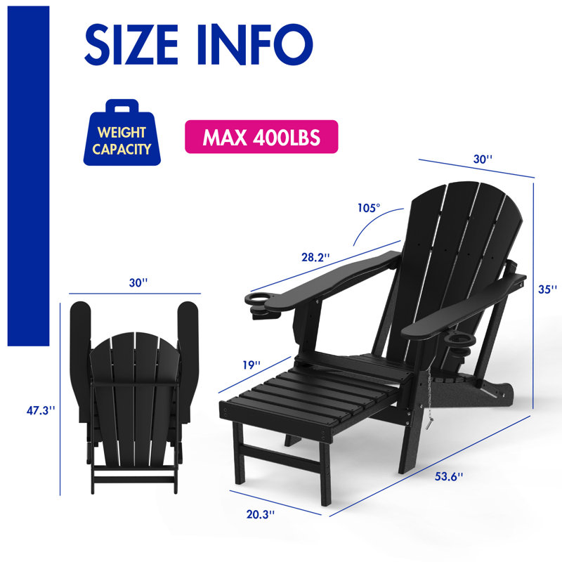 Cait Foldable Outdoor Adirondack Chair With Ottoman, Black