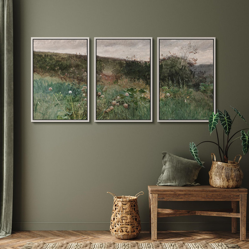 Forest Landscape " Wildflower Field Series Rustic Nature Country Home Aesthetic Illustration Modern Decor " 3 - Pieces, Blanc