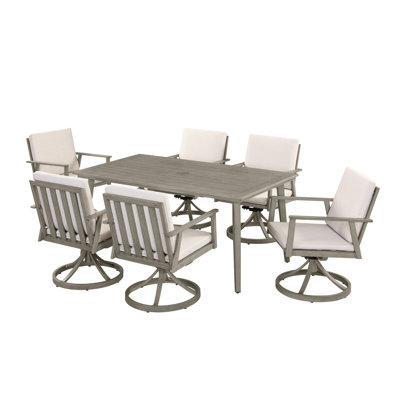 Ensemble de salle à manger d'extérieur, ensemble de salle à manger pivotant en aluminium avec trou pour parasol, ensemble de mobilier d'extérieur pivotant à 360 °, chaises et table pivotantes pour terrasse, jardin, cour arrière, chêne chaulé