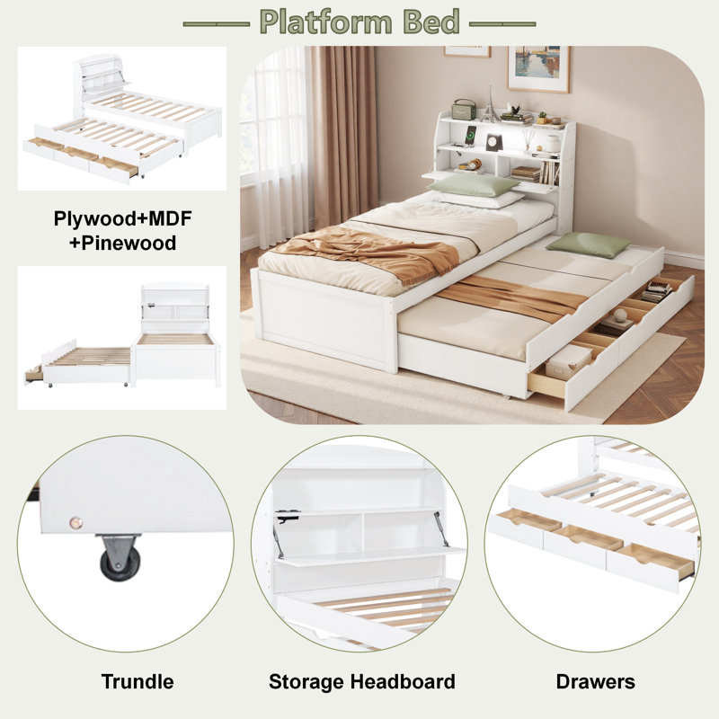 Lit plateforme en bois avec lit gigogne, tête de lit, tiroirs, prises à DEL et prises USB