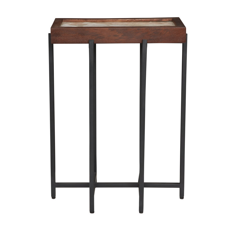Framed Stone Top Accent Table With Metal Base, Light Smoke Top/Black Base