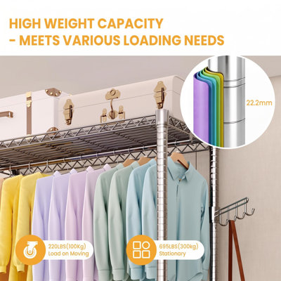 3-Tier  Heavy Duty Clothes Rack with Wheels and Shelves, Adjustable Wire Garment Rack with Hanging Rod and Side Hooks, 695 LBS Freestanding Metal Wardrobe Organizer for Bedroom, Dorm, Laundry Room